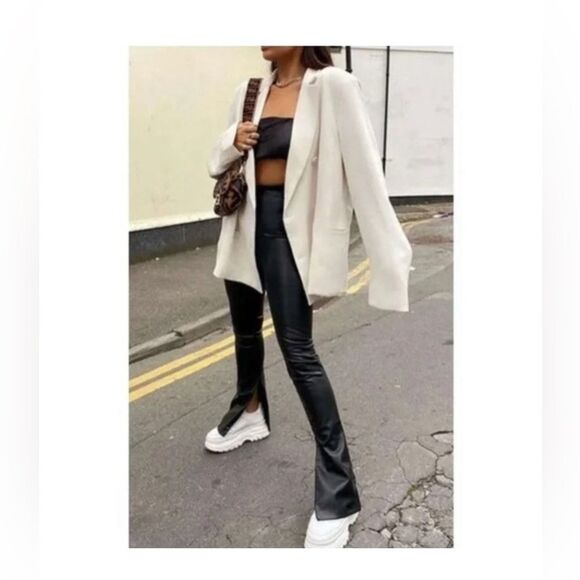 ZARA Faux Leather Slim Flare Leg Pants Split Hem Bootleg Slit  Black small NWT - Picture 1 of 11